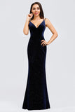 V-Neck Spaghetti Straps Velvet Dark Navy Blue Mermaid Evening Dress, Prom Dresses STK15480