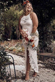 Charming Sheath Lace Bridal Gown with Slit Open Back Ivory Boho Wedding Dresses STK15124