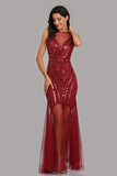 See Through Burgundy Mermaid Bateau Prom Dresses with Beading Tulle Party Dresses STK15324