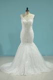 2024 Romantic Wedding Dresses 2024 Mermaid/Trumpet V-Neck Court Train Beaded Tulle Open PPQ6667D