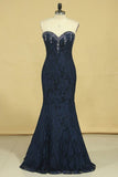 2024 Mermaid Sweetheart Prom Dresses Lace With Beading And Applique Dark Navy Plus PBYRC9LX