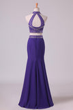 2024 Halter Two-Piece Beaded Bodice Sheath Open Back Prom Dresses Spandex & Tulle Floor P84JHZ8H