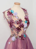 Elegant A line Burgundy Tulle Flower Prom Dresses Scoop Appliqued Party Dresses SRS15144