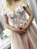 A Line Off the Shoulder Sweetheart Beads Tulle Pink Prom Dresses with Applique STK15007