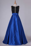 2024 Satin Scoop Beaded Bodice With Slit Prom Dresses PYC5BAMP