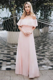 Charming Off Shoulder Ruffle Pink Chiffon Long Prom Dresses Bridesmaid Dresses STK15114