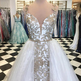 Sheath Spaghetti Straps White Detachable Train Prom Dress with Appliques, Quinceanera Dresses STK15373