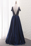 2024 A Line Satin V Neck Beaded Bodice Prom Dress Open Back Floor Length