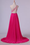 2024 Prom Dresses A Line One Shoulder With Beading Tulle & Chiffon Sweep PR2EPQXY