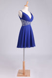 2024 Homecoming Dresses Straps A-Line Short/Mini Chiffon With Beads And Ruffles Dark Royal PEPQ38MB