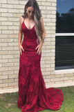 Elegant Straps V Neck Lace Mermaid Long Evening Dresses Prom STKPS1EG38N