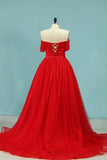 2024 Off The Shoulder A Line Prom Dresses Tulle PTCALBQ8