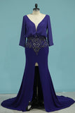 2024 Prom Dresses V Neck 3/4 Length Sleeves Mermaid With Beads PPSJ3GAP