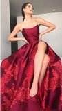 Unique A Line Strapless Burgundy Satin Prom Dresses with Appliques, Formal Dresses STK15454