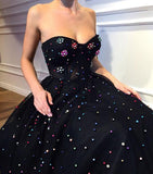 Elegant A Line Sweetheart Strapless Black Tulle Prom Dresses with Beading STK15578