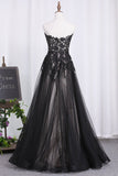 2024 Sweetheart A Line Black Prom Dresses Tulle With Applique Floor Length