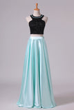 2024 Prom Dresses A-Line Scoop Elastic Satin Two Pieces Black Bodice Backless PAK1CL3T