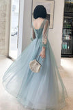 Elegant Long Sleeves Appliqued Tulle Prom Dresses, Floor Length Appliques Evening Dresses STK15175