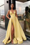 Simple A Line Yellow Spaghetti Straps Satin Prom Dresses with Slit, Party Dresss STK15386