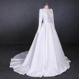 Ball Gown Long Sleeve White Satin Wedding Dresses, Long Simple Wedding Gowns SRS15060