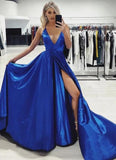 Spaghetti Straps Royal Blue V Neck Satin Prom Dresses with High Slit, A Line Formal Dresses STK15419