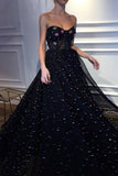 Elegant A Line Sweetheart Strapless Black Tulle Prom Dresses with Beading STK15578