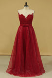 2024 Burgundy/Maroon Prom Dresses Scoop A Line With Sash And P9TEBHBF