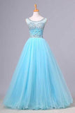 2024 Bateau Beaded Bodice A Line/Princess Prom Dress With Tulle Skirt Open PA6F9HPY