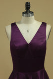 2024 Grape V Neck Evening Dresses A Line With Slit & Ruffles Sweep PHYNK647