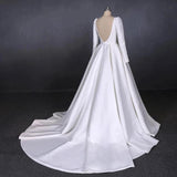 Ball Gown Long Sleeve White Satin Wedding Dresses, Long Simple Wedding Gowns STK15060