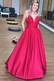 Simple A Line Spaghetti Straps V Neck Prom Dresses with Pockets, Backless Long Dance Dress STK15384