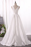 2024 V Neck A Line Taffeta Evening Dresses Sweep Train Open Back