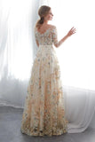 Charming A Line Floral Scoop Prom Dresses 3/4 Sleeves Empire Waist Long Evening Gowns STK15088