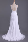 2024 White Prom Dresses Straps Mermaid/Trumpet Ruffled Bodice Beaded PN24ZDF5