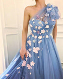 Charming One Shoulder Blue Tulle 3D Flowers Prom Dresses, Long Cheap Dance Dresses STK15119