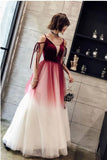 A Line Spaghetti Straps Ombre Long Tulle Prom Dresses, Burgundy V Neck Evening Dress STK15029