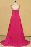 2024 Prom Dresses Straps With Beads And Slit Sweep Train PLN4PMKX