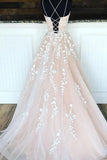 Princess Spaghetti Straps A Line Appliques Tulle Lace up Pink Prom Dresses STK15305