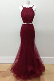 Hot-Selling Two-Piece Mermaid Halter Sleeveless Burgundy Long Prom Dress with Beading