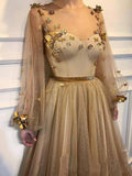 Elegant 3D Flowers Long Sleeve Prom Dresses Golden Rhinestone Evening Dresses STK15143