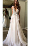 Spaghetti Straps Deep V Neck Backless Tulle Prom Dress with Flowers, Beach Wedding Gowns STK15413