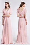 Quintina V-Neck Short Sleeves Floor Length Natural Waist A-Line/Princess Chiffon Bridesmaid Dresses