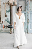 Simple A Line Ivory Chiffon V Neck Wedding Dresses Half Sleeves Long Wedding STKP42YQLZ1