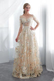 Charming A Line Floral Scoop Prom Dresses 3/4 Sleeves Empire Waist Long Evening Gowns STK15088