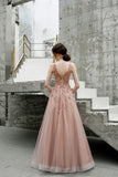 A Line V Neck Pink Beads Straps Prom Dresses Lace up, Long Dance STK20387