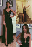 A Line Black Beads Chiffon Prom Dresses with Appliques Split Long Evening STK20380