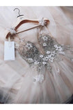 A Line Spaghetti Straps Tulle Beads V Neck Prom Dresses HandMade Flowers Wedding STKPATMMD6Y