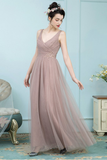 Bridget Floor Length Sleeveless V-Neck Tulle A-Line/Princess Natural Waist Bridesmaid Dresses