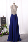 2024 Sexy Scoop-Neck A Line Prom Dresses Chiffon With Beaded Bodice Zipper Up