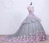 Scoop Ball Gown Gray Tulle Sleeveless Bowknot Empire Waist Wedding Dress with Pink Flowers